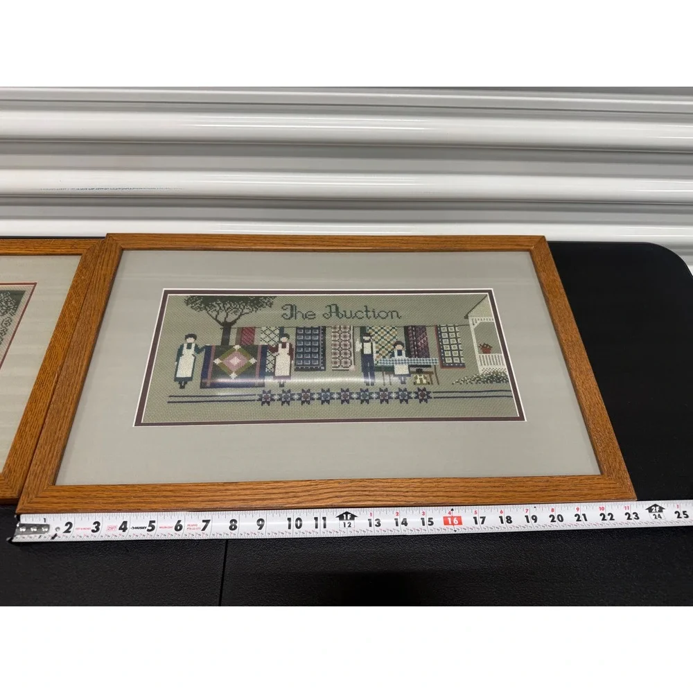Vintage Amish Folk Art Framed Cross Stitch Set Welcome & The Auction Quilt Theme